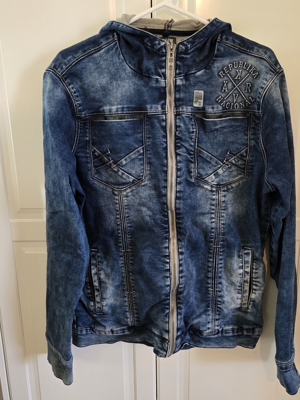 Blue Washed Denim Zip Hoodie with Chest Pockets